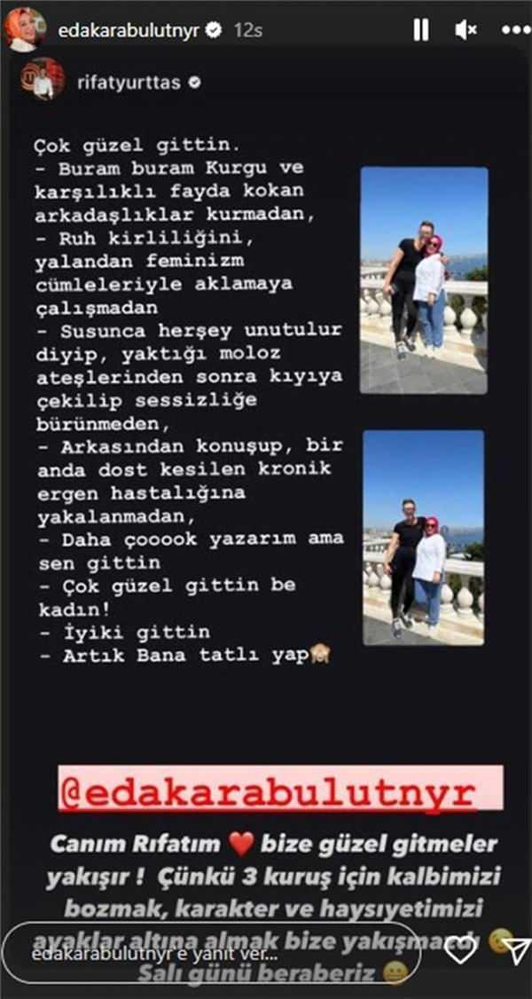<p><span style="color:#800000"><em><strong>"ÜÇ KURUŞ İÇİN..."</strong></em></span></p>
<p><span style="color:#000080"><strong>Yarışmaya geçtiğimiz haftalarda veda eden</strong></span><span style="color:#800000"><strong> Rıfat Yurttaş</strong></span><span style="color:#000080"><strong>'ın </strong></span><span style="color:#800000"><strong><em>"Çok güzel gittin be kadın! İyi ki gittin."</em></strong></span><span style="color:#000080"><strong> paylaşımına yeniden paylaşarak </strong></span><span style="color:#800000"><strong><em>"Canım Rıfat'ın bize güzel gitmeler yakışır.Çünkü üç kuruş için kalbimizi bozmak, karakter ve haysiyetimizi ayaklar altın almak bize yakışmazdı."</em></strong></span><span style="color:#000080"><strong> notunu düştü.</strong></span></p>