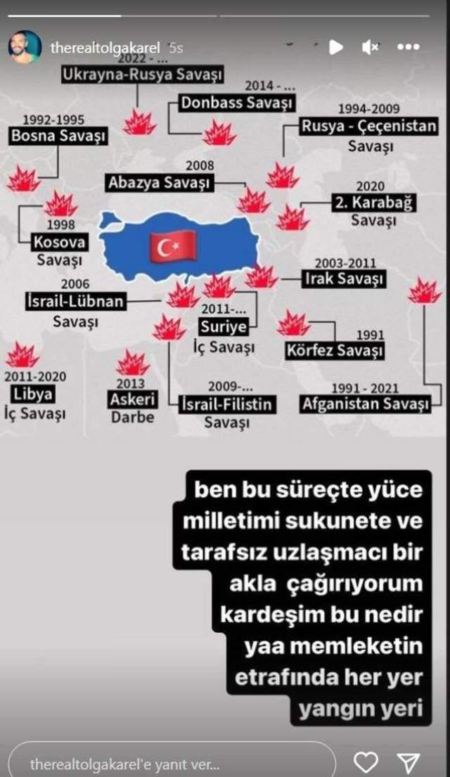 <p>Karel son olarak bir harita paylaşarak Türkiye etrafında gelişen savaşlara dair "Ben bu süreçte yüce milletimi sükunete ve tarafsız uzlaşmacı bir akla çağırıyorum. Kardeşim bu nedir ya memleketin etrafında her yer yangın yeri" dedi.</p>
<p> </p>