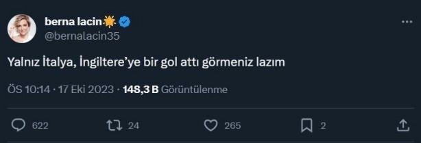 <p><strong>Berna Laçin <span style="color:#B22222">“Yalnız İtalya, İngiltere’ye bir gol attı görmeniz lazım” </span>yazdı.</strong></p>