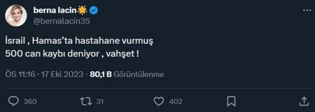 <p><strong>Tepkilerin ardından Berna Laçin, göstermelik bir paylaşım yaparak geri vites yapmaya çalıştı. Laçin’in, hastanenin Filistin’de değil <span style="color:#B22222">“Hamas’ta vurulduğunu”</span> yazması da ayrıca dikkat çekti. Özensiz, hızlıca ve sadece paylaşım yapmış olmak için yazdığını gözler önüne serdi.</strong></p>
<p> </p>