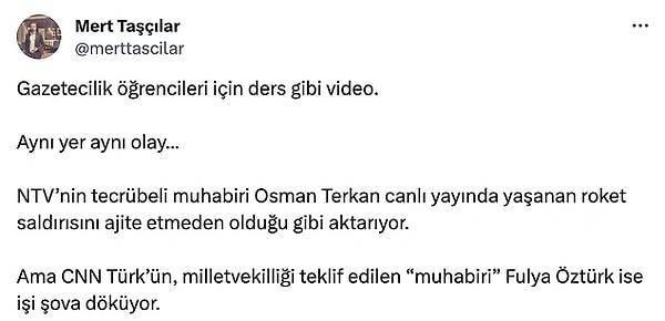 <p><span style="color:#000000"><strong>Fulya Öztürk'ün ve NTV muhabiri Osman Terkan'ın aynı alanda yaptıkları çekimde roket saldırısı gerçekleşti ve ikilinin tavır farkı sosyal medyada gündem oldu. Terkan'ın soğukkanlılığını samimi bulan bazı kullanıcılar Öztürk'ü abartılı bulduğunu dile getirdi.</strong></span></p>
