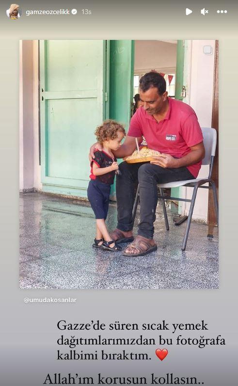 <p><strong>Özçelik de sivillere yemek dağıtan derneğin fotoğraflarını kendi Instagram sayfasından paylaşarak; <span style="color:#B22222">"Sıcak yemek dağıtımlarımızdan bu fotoğrafa kalbimi bıraktım. Allah'ım korusun, kollasın..."</span> mesajını yazdı.</strong></p>
