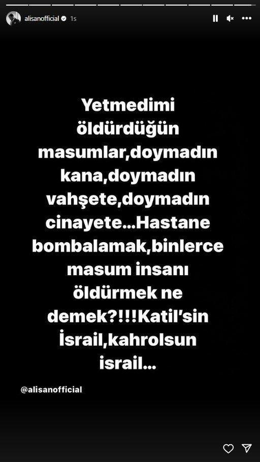 <p><span style="color:#FF0000"><strong>"KATİLSİN İSRAİL!"</strong></span></p>

<p><span style="color:#000000"><strong>Sosyal medya hesabı &uuml;zerinden İsrail'e "Katil İsrail" s&ouml;zleriyle tepki g&ouml;steren &uuml;nl&uuml; şarkıcı Alişan, "Yetmedi mi &ouml;ld&uuml;rd&uuml;ğ&uuml;n masumlar. Doymadın kana, doymadın vahşete, doymadın cinayete... Hastane bombalamak, binlerce insanı &ouml;ld&uuml;rmek ne demek?!!! Katilsin İsrail, kahrolsun İsrail" şeklinde paylaşımda bulundu.&nbsp;</strong></span></p>
