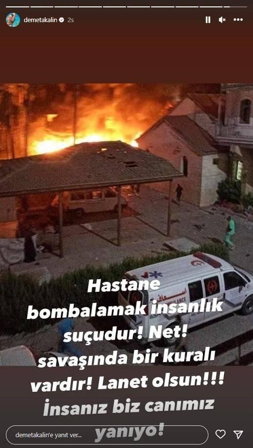 <p><span style="color:#FF0000"><strong>"LANET OLSUN"</strong></span></p>

<p><span style="color:#000000"><strong>&Uuml;nl&uuml; şarkıcı Demet Akalın ise "Hastane bombalamak insanlık su&ccedil;udur! Net' Savaşında bir kuralı vardır! Lanet olsun! İnsanız biz canımız yanıyor!" diyerek acısını dile getirdi.</strong></span></p>

