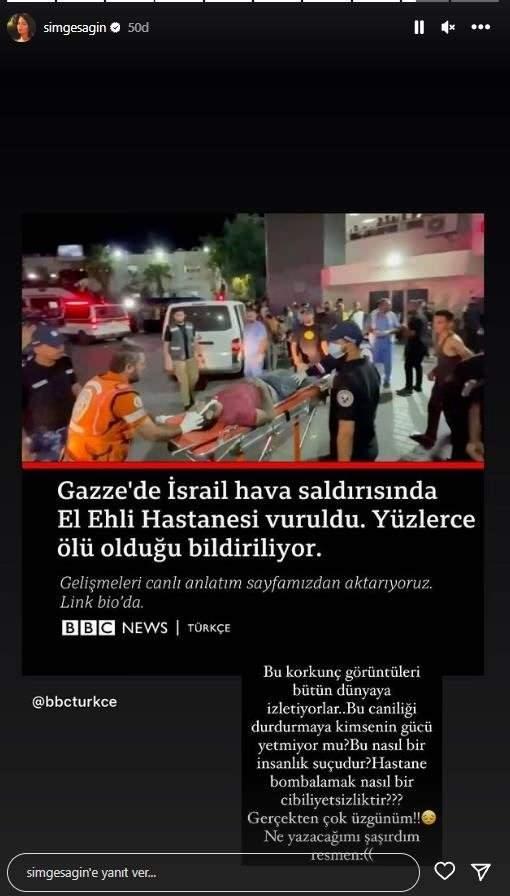 <p><span style="color:#FF0000"><strong>"BU NASIL BİR İNSANLIK SU&Ccedil;UDUR?!"</strong></span></p>

<p><span style="color:#000000"><strong>"Bu korkun&ccedil; g&ouml;r&uuml;nt&uuml;leri b&uuml;t&uuml;n d&uuml;nyaya izletiyorlar." diyerek tepki g&ouml;steren Simge Sağın, "Bu caniliği durdurmaya kimsenin g&uuml;c&uuml; yetmiyor mu? Bu nasıl bir insanlık su&ccedil;udur? Hastane bombalamak nasıl bir cibiliyetsizliktir? Ger&ccedil;ekten &ccedil;ok &uuml;zg&uuml;n&uuml;m! Ne yazacağımı şaşırdım resmen." ifadelerini kullandı.</strong></span></p>
