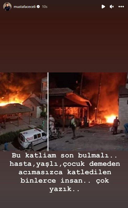 <p><span style="color:#FF0000"><strong>"BU KATLİAM SON BULMALI"</strong></span></p>

<p><span style="color:#000000"><strong>&Uuml;nl&uuml; şarkıcı Mustafa Ceceli ise,&nbsp;"Bu katliam son bulmalı. Hasta, yaşlı, &ccedil;ocuk demeden acımasızca katledilen binlerce insan... &Ccedil;ok yazık..." diyerek &uuml;z&uuml;nt&uuml;s&uuml;n&uuml; paylaştı.</strong></span></p>

