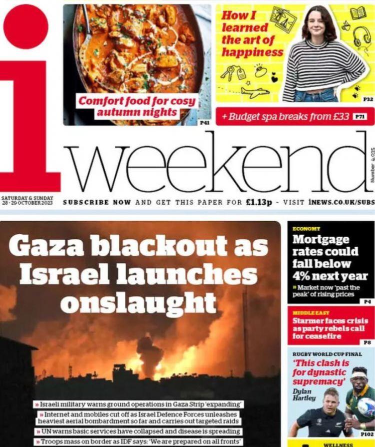 <p><strong>I</strong></p>
<p> </p>
<p>Yine İngiltere'den "I" gazetesi, İsrail'in saldırdığı Gazze'nin karanlığa gömüldüğünü aktardı.</p>
<p> </p>
<p>İsrail ordusunun kara harekatının genişleyeceği konusunda uyardığı, internet ve mobil servislerin kesildiği bildirildi.</p>
<p> </p>
<p>Temel hizmetlerin çöktüğünü söyleyen Birleşmiş Milletler'in, olumsuz tablonun genişlediği konusunda uyardığı bilgisi paylaşıldı.</p>
<p> </p>
<p>Öte yandan, İsrail askerlerinin Gazze sınırında konuşlandırıldığı da haberde hatırlatıldı. İsrail Savunma Kuvvetleri'nin "Tüm cephelerde hazırız." dediği belirtildi.</p>