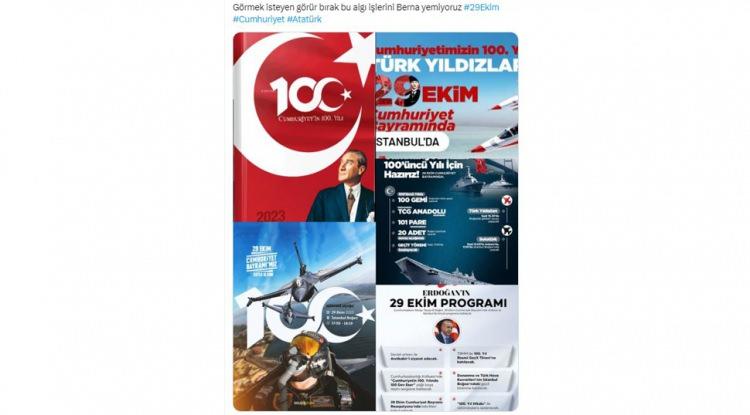 <p><span style="color:#000000"><strong>Berna Laçin'in paylaşımına kayıtsız kalmayan sosyal medya kullanıcıları "Görmek isteyen görür bırak bu algı işlerini Berna yemiyoruz" diyerek 100. yıl logosunun kullanıldığı afişleri ve tasarımları art arda paylaştı.</strong></span></p>