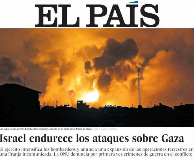 <p><strong>EL PAIS</strong></p>
<p> </p>
<p>İspanya basınından El Pais, "İsrail Gazze'ye saldırılarını artırıyor" başlıklı haberinde saldırılardan bir kareye yer verdi.</p>
<p> </p>
<p>Haberde, "Bombalamayı yoğunlaştırdılar. İzole edilmiş bir şeritte kara operasyonlarının genişletileceği duyuruldu. BM ilk kez çatışmalardaki savaş suçlarını kınadı." denildi.</p>