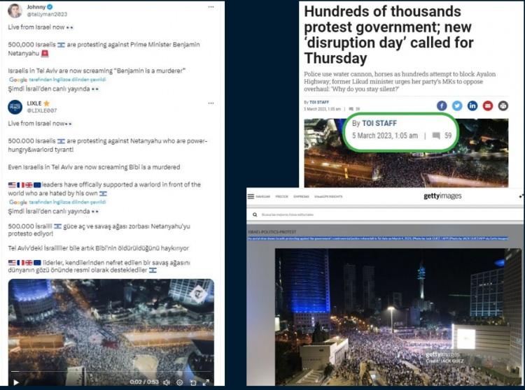 <p><strong>“500 Bin İsrailli Netanyahu’yu Protesto Ediyor” yalanı</strong></p>
<p> Bazı sosyal medya hesaplarından, “500 bin İsrailli Netanyahu’yu protesto ediyor” iddiasıyla paylaşılan görüntülerin son İsrailFilistin çatışmasıyla bir ilgisi bulunmamaktadır.</p>
<p><strong>HAKİKAT</strong></p>
<p>İsrail Adalet Bakanı Yariv Levin, 5 Ocak 2023’te Yüksek Mahkemenin yetkilerini sınırlandıran ve yargının, hakimlerin seçimi üzerindeki etkisini azaltan bir yasa planladıklarını duyurmuş, bu açıklama ülke genelinde kitlesel protestolara neden olmuştur. İddiaya konu görüntülerde de 4 Mart 2023’te yargı düzenlemesini protesto eden İsrailliler görülmektedir. Görüntülerdeki protestoların 7 Ekim’de başlayan İsrail-Filistin çatışmasıyla herhangi bir ilgisi bulunmamaktadır.</p>