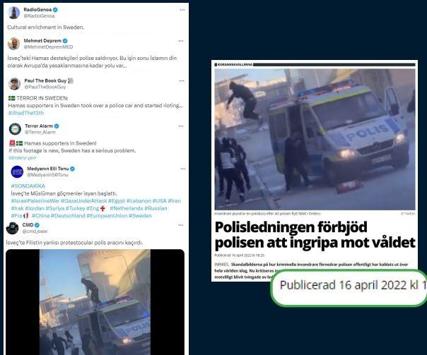 <p><strong>“İsveç’te Hamas Destekçileri, Protesto Gösterilerinde Polis Arabasını Kaçırdı” yalanı</strong></p>

<p>Bazı sosyal medya hesaplarından paylaşılan “İsveç’te Hamas destekçileri, protesto gösterilerinde polis arabasını kaçırdı” iddiası doğru değildir.</p>

<p><strong>HAKİKAT</strong></p>

<p>İddiaya konu görüntüler, 2022 yılının Nisan ayında Danimarkalı aşırı sağcı siyasetçi Rasmus Paludan’ın, İsveç’in çeşitli kentlerinde düzenleyeceği Kur’an-ı Kerim yakma provokasyonlarına karşı gerçekleştirilen protestolar sırasında kaydedilmiştir. Görüntülerin iddia edildiği gibi İsrail’in Gazze’ye yönelik saldırılarına ilişkin düzenlenen protestolarla bir ilgisi bulunmamaktadır.</p>
