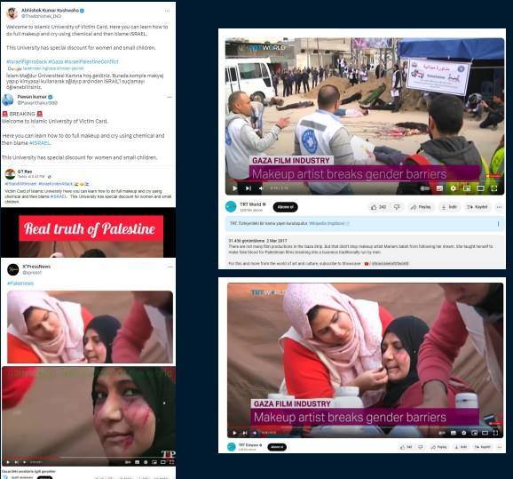 <p><strong>“Filistinli Kadınlar Makyaj Yaparak Sahte Videolar Üretiyor” yalanı</strong></p>
<p>Bazı sosyal medya hesaplarından paylaşılan ve makyaj yapan kadınları gösteren görüntülerle ilgili, “Filistinli kadınlar makyaj yaparak sahte videolar üretiyor” iddiası doğru değildir.</p>
<p><strong>HAKİKAT</strong></p>
<p> İddiaya konu görüntüler, TRT World’de yayınlanan bir kültür-sanat programından alınmıştır. Mart 2017’de yayınlanan görüntülerde Filistinli makyaj sanatçısı Mariam Saleh’in, Gazze film endüstrisinde kadın özel efekt makyaj sanatçısı olarak yaptığı çalışmalar gösterilmektedir.</p>