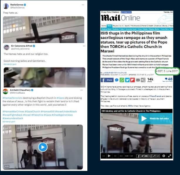 <p><strong>“Hamas, Kilise Yağmalayarak Heykelleri Yıkıyor” yalanı</strong></p>

<p> Bazı sosyal medya hesaplarından paylaşılan görüntülerle ilgili “Hamas, kilise yağmalayarak heykelleri yıkıyor” iddiası doğru değildir.</p>

<p><strong>HAKİKAT</strong></p>

<p> Bahse konu görüntülerin 2017 yılında medyaya servis edildiği tespit edilmiştir. İlgili görüntülerde Filipinler’in Marawi şehrinde, DEAŞ terör örgütü mensuplarının bir Katolik kilisesini yağmaladığı görülmektedir.</p>

