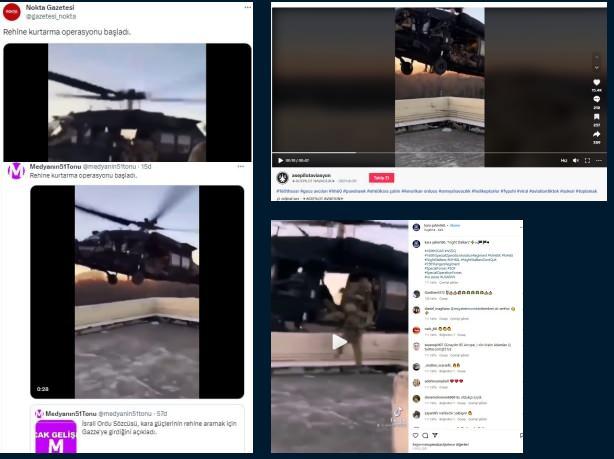 <p>“İsrail’in Rehine Kurtarma Operasyonu” İddiasıyla Paylaşılan Görüntüler Bazı sosyal medya hesaplarından paylaşılan görüntüler iddia edildiği gibi, “İsrail’in rehine kurtarma operasyonu” sırasında kaydedilmemiştir.</p>

<p><strong>HAKİKAT</strong></p>

<p> 2021 yılından beri dolaşımda olan görüntülerde, ABD ordusuna ait bir Sikorsky UH-60 Black Hawk helikopterin personel indirmesi görülmektedir. Görüntülerin İsrail-Filistin çatışmasıyla bir ilgisi bulunmamaktadır.</p>
