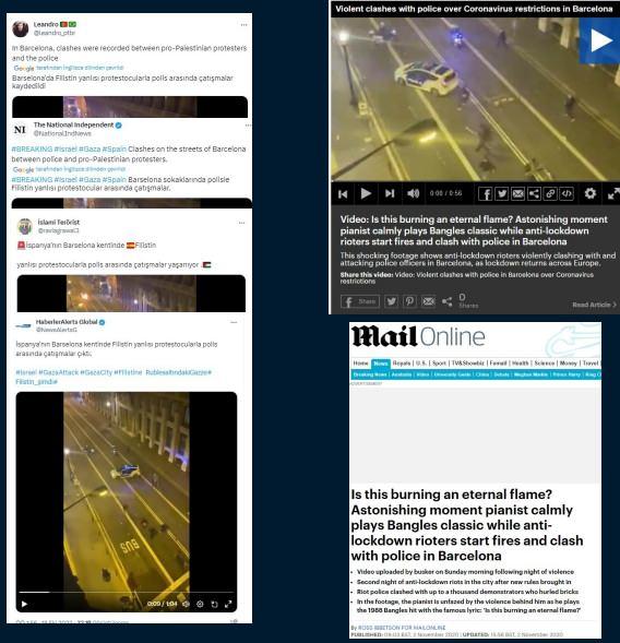 <p><strong>“Filistin Yanlısı Protestocular Barselona’da Polisle Çatıştı” yalanı</strong></p>

<p>Sosyal medyada paylaşılan bazı görüntülerle ilgili, “Filistin yanlısı protestocular Barselona’da polisle çatıştı” iddiası doğru değildir.</p>

<p><strong>HAKİKAT </strong></p>

<p>İddiaya konu görüntülerde polisle çatışanlar Filistin yanlısı protestocular değil, Kasım 2020’de İspanya’nın Barselona kentinde Covid-19 karantinasına karşı çıkan protestoculardır. Asılsız iddialara itibar etmeyiniz.</p>
