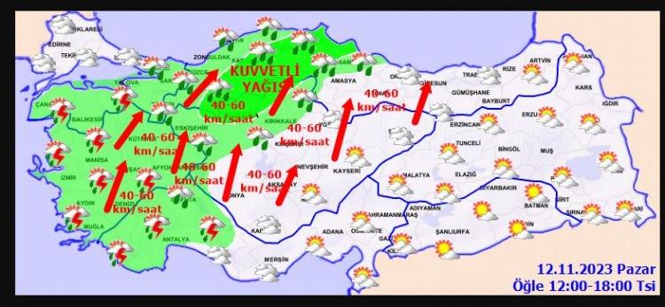 <p>Yağışların, Marmara’nın güney ve doğusu, Kıyı Ege, Batı Karadeniz ile Tekirdağ, Uşak, Manisa ve Kütahya çevrelerinde yerel olmak üzere kuvvetli olması bekleniyor.</p>