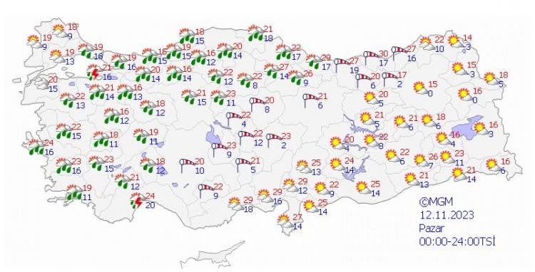 <p>Meteoroloji’nin kuvvetli yağış uyarısında “Yağışların, Marmara’nın güney ve doğusu, Kıyı Ege, Batı Karadeniz ile Tekirdağ, Uşak, Manisa ve Kütahya çevrelerinde yerel olmak üzere kuvvetli olması beklendiğinden yaşanabilecek, sel, su baskını, yıldırım, ulaşımda aksamalar, yerel dolu yağışı, yağış anında kuvvetli rüzgar, hortum gibi olumsuzluklara karşı dikkatli ve tedbirli olunmalıdır” denildi.</p>
