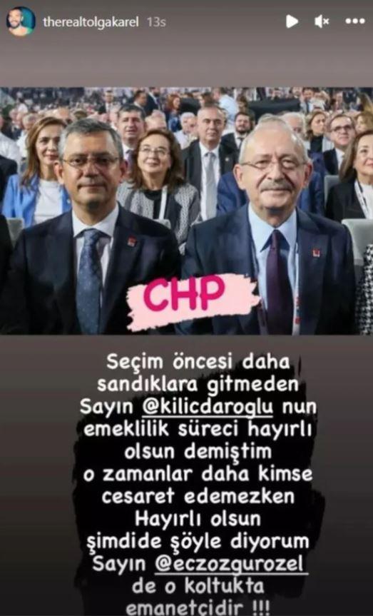 <p><strong>Karel paylaşımına&nbsp;<span style="color:#B22222">"Se&ccedil;im &ouml;ncesi daha sandıklara gitmeden Sayın Kılı&ccedil;daroğlu'nun emeklilik s&uuml;reci hayırlı olsun demiştim. O zamanlar daha kimse cesaret edemezken. Şimdi de ş&ouml;yle diyorum. Sayın &Ouml;zg&uuml;r &Ouml;zel'de o koltukta emanet&ccedil;idir"</span> diyerek dikkat &ccedil;ekti.</strong></p>
