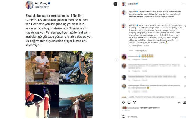 <p><span style="color:#000080"><strong>Kılınç sosyal medya üzerinden fenomenlerle ilgili yaptığı paylaşımlarda Instagram'da lüks yaşantılarını gözler önüne seren güzellik merkezi sahibi </strong></span><span style="color:#800000"><strong>Neslim Güngen</strong></span><span style="color:#000080"><strong> için </strong></span><span style="color:#800000"><strong><em>"Instagram'da Dilan'larla aynı hayatı yaşıyor. Paralar saçılıyor, güller atılıyor, arabaları görgüsüzce gösterip Allah'a dua ediyor. Bu değirmenin suyu nereden akıyor kimse onu söylemiyor"</em></strong></span><span style="color:#000080"><strong> ifadelerini kullanmıştı.</strong></span></p>
<p> </p>