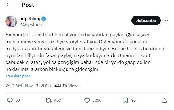 <p><span style="color:#800000"><em><strong>"HAKLARIMIZI ARARKEN BİR KURŞUNA GİDECEĞİM"</strong></em></span></p>

<p><span style="color:#000080"><strong>Genç fenomen sosyal medya hesabı üzerinden yaptığı paylaşımda </strong></span><span style="color:#800000"><strong><em>"Bir yandan ölüm tehditleri alıyorum bir yandan paylaştığım kişiler 'mahkemeye veriyoruz' diye stroyler atıyor. Diğer yandan kocaları mafyalara arattırıyor ailemi ve beni taciz ediyor. Bence herkes bu dönen oyunları biliyordu fakat paylaşmaya korkuyorlardı. </em></strong></span></p>
