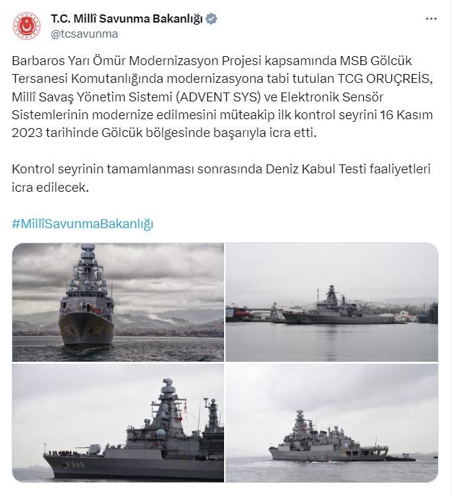 <p>Milli Savunma Bakanlığı tarafından yapılan açıklamada, TCG ORUÇREİS'in milli sistemler ile ilk seyrini 16 Kasım 2023 tarihinde Gölcük bölgesinde başarıyla icra ettiği belirtildi.</p>
