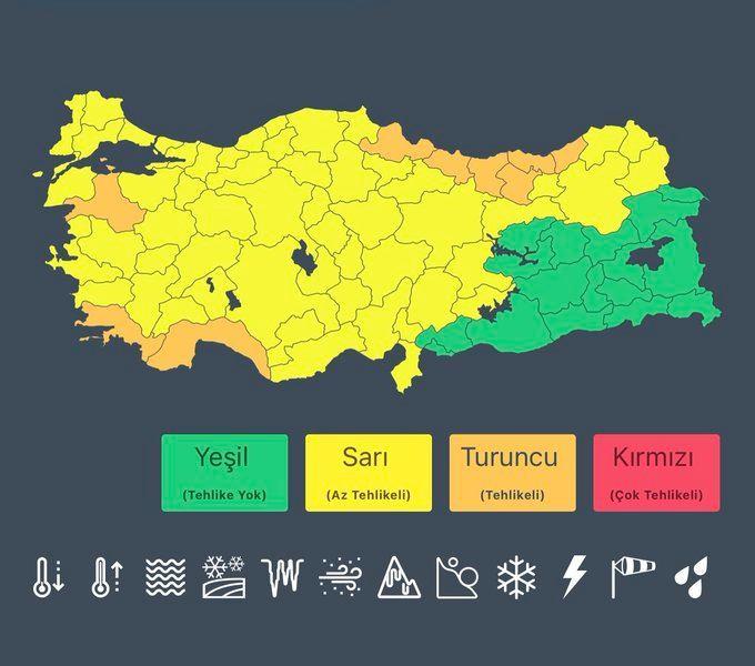 <p><strong>Turuncu ve Sarı uyarı yapılan illerimizi a&ccedil;ıkladı.</strong></p>

<p>Vatandaşlarımızdan ricamız, uyarıları hassasiyetle takip etmeleri.</p>

<p>&Ouml;zellikle&nbsp; Turuncu uyarı verilen illerimizde yaşayan vatandaşlarımızın &ccedil;atı u&ccedil;ması, ağa&ccedil; ve direk devrilmesi, soba ve baca gazı kaynaklı zehirlenme riski ve ulaşımda aksamalar gibi olumsuzluklara karşı dikkatli ve tedbirli olmalarını bir kez daha &ouml;nemle hatırlatmak istiyorum.</p>
