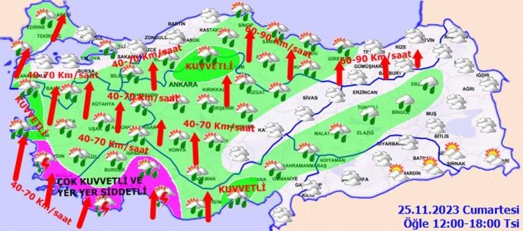 <p>Hava sıcaklığının mevsim normallerinin üzerinde seyretmekte olan hava sıcaklıklarının etkisi altına girmekte olduğumuz yağışlı hava kütlesinin etkisi ile batı bölgelerimizden başlayarak azalması beklenirken, rüzgarın genellikle güneyli yönlerden hafif, ara sıra orta kuvvette; Marmara, Ege, Batı Akdeniz kıyıları, İç Anadolu, Karadeniz ve Doğu Anadolu’nun kuzeyinde kuvvetli (40-70 km/saat) ve yer yer fırtına şeklinde (70-100 km/saat) esmesi bekleniyor.</p>
