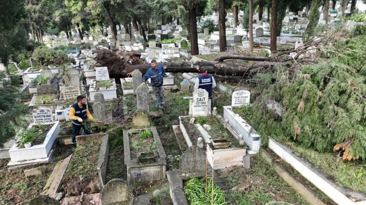 <p>Kuvvetli rüzgar nedeniyle devrilerek şehir mezarlığına zarar veren ağaçlar iş makinesiyle kaldırıldı.</p>