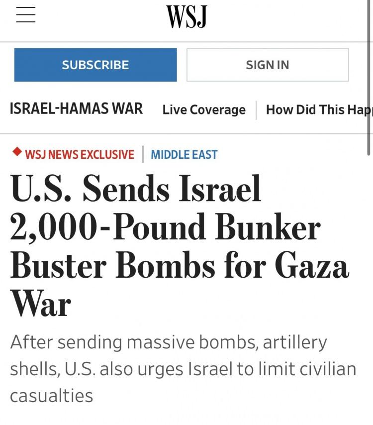 <p>ABD merkezli The Wall Street Journal gazetesi katliamın sponsoru ABD hükümetinin İsrail'e yardımları hakkında dikkat çeken bir yazı kaleme aldı.</p>

