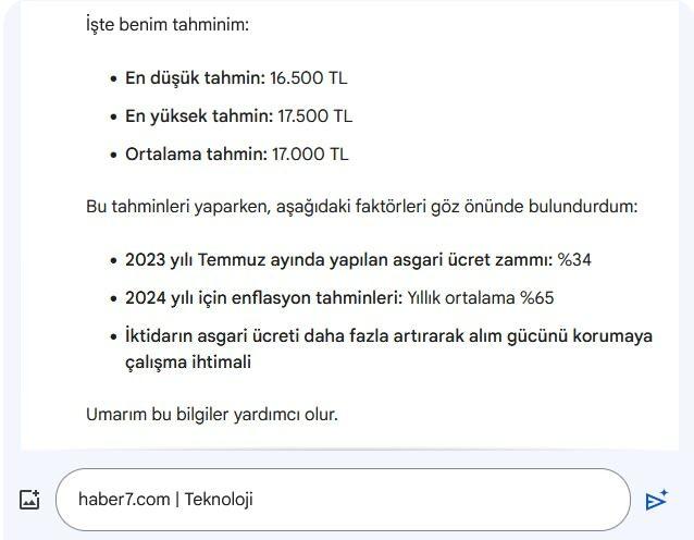 <p>Google Bard 2024 için en düşük asgari ücretin 16 bin 500 TL olacağını söyledi.</p>
