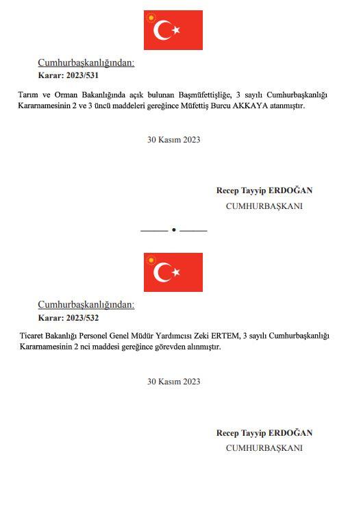 <p>Tarım ve Orman Bakanlığında açık bulunan başmüfettişliğe müfettiş Burcu Akkaya getirildi.</p>
<p> </p>
<p>Ticaret Bakanlığı Personel Genel Müdür Yardımcısı Zeki Ertem, görevden alındı.</p>
<p> </p>