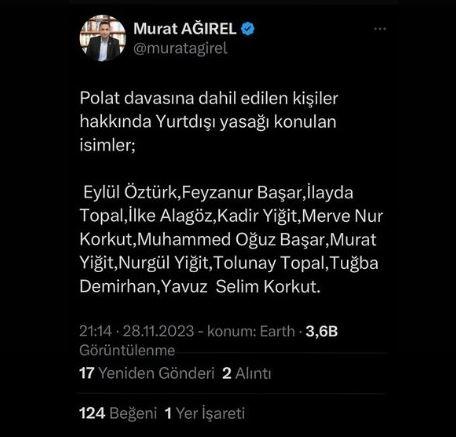 <p><span style="color:#800000"><strong>YURT DIŞI YASAĞI TALEBİ</strong></span></p>

<p><span style="color:#4B0082"><strong>Ağırel daha sonra yaptığı bir başka paylaşımında ise</strong></span><span style="color:#800000"><strong><em> "Polat davasına dahil edilen kişiler hakkında Yurtdışı yasağı konulan isimler; Eylül Öztürk,Feyzanur Başar,İlayda Topal,İlke Alagöz,Kadir Yiğit,Merve Nur Korkut,Muhammed Oğuz Başar,Murat Yiğit,Nurgül Yiğit,Tolunay Topal,Tuğba Demirhan,Yavuz  Selim Korkut." </em></strong></span><span style="color:#4B0082"><strong>ifadelerini kullanarak o isimlere yurt dışı yasağı getirildiğini ifade etmişti.</strong></span></p>
