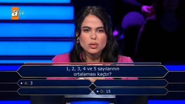 <p>Daha sonra dördüncü soru olan, "1, 2, 3, 4, ve 5 sayılarının ortalamaları kaçtır?" sorusu soruldu.</p>
<p> </p>
<p>Şıklarda, A: 3, B: 6, C: 9 ve D: 15 yer alıyordu.</p>
<p> </p>
<p>Sorunun cevabını bulamayan yarışmacı ilk olarak telefonla joker hakkını kullandı ancak cevap alamadı.</p>