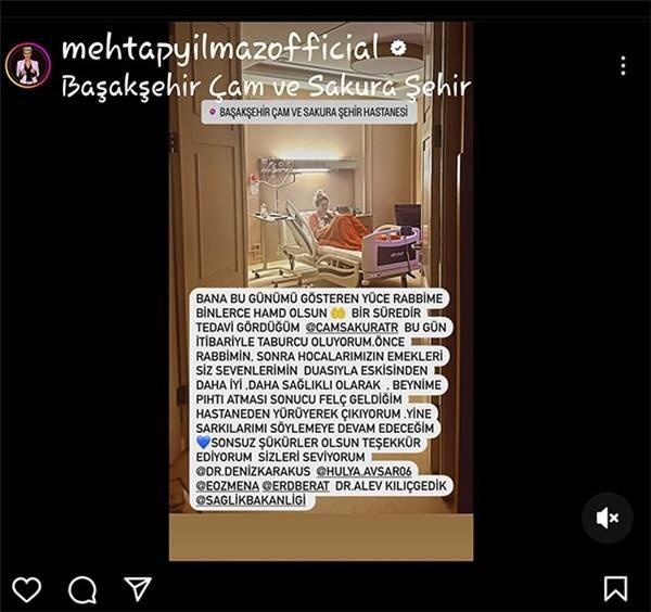 <p>Sosyal medya hesabından bir paylaşım yaparak taburcu olduğunu duyuran Mehtap Yılmaz,<em><strong> 'Felç geçirerek geldiğim hastaneden yürüyerek çıkıyorum. Şarkılarımı söylemeye devam edeceğim'</strong></em> dedi.</p>
