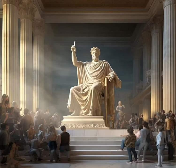 <p>ZEUS HEYKELİ</p>

<p>Olimposlular heykeli tanrıların tanrısı Zeus'u onurlandırmak ve şehre ihtişam katmak için Atina'da inşa etti.</p>

<p>Yapay zeka tarafından canlandırılan görselde, 12 metre uzunluğundaki fildişi Zeus, geniş bir tapınakta etrafını sarmış turistlerle beraber tahtında oturuyor.</p>

<p>Kayıtlar, devasa heykelin M.S. 426'da Konstantinopolis'te çıkan bir yangında yok olduğunu gösteriyor.</p>
