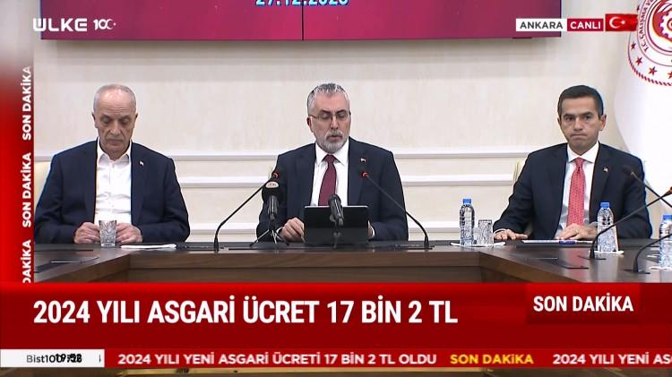 <p><strong>2024 ASGARİ ÜCRET 17 BİN 2 LİRA OLDU</strong></p>
<p>"Bildiğiniz gibi Temmuz ayında net asgari ücret 11 bin 402 lira olmuştu. Şimdi 700 lirası asgari ücret desteği olmak üzere net asgari ücreti 17 bin 2 lira olarak belirlemiş durumdayız. Ülkemize ve milletimize hayırlısı olsun.</p>
<p> </p>