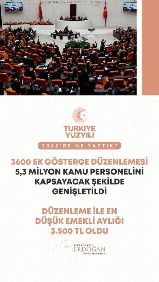 <p>3600 ek g&ouml;sterge d&uuml;zenlemesini memurlarımızın tamamına teşmil ettik. &Ccedil;alışanı ve emeklisiyle t&uuml;m kamu g&ouml;revlilerine verdiğimiz s&ouml;z&uuml; tuttuk.</p>
