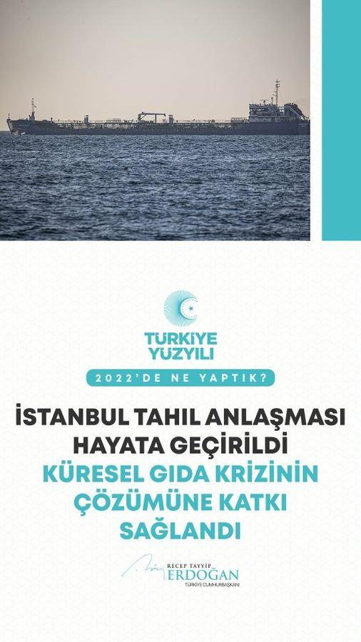 <p>İstanbul Tahıl Anlaşması&rsquo;nı hayata ge&ccedil;irerek ve s&uuml;resinin uzatılmasını temin ederek k&uuml;resel gıda krizinin &ccedil;&ouml;z&uuml;m&uuml;ne &ccedil;ok &ouml;nemli bir katkıda bulunduk.</p>
