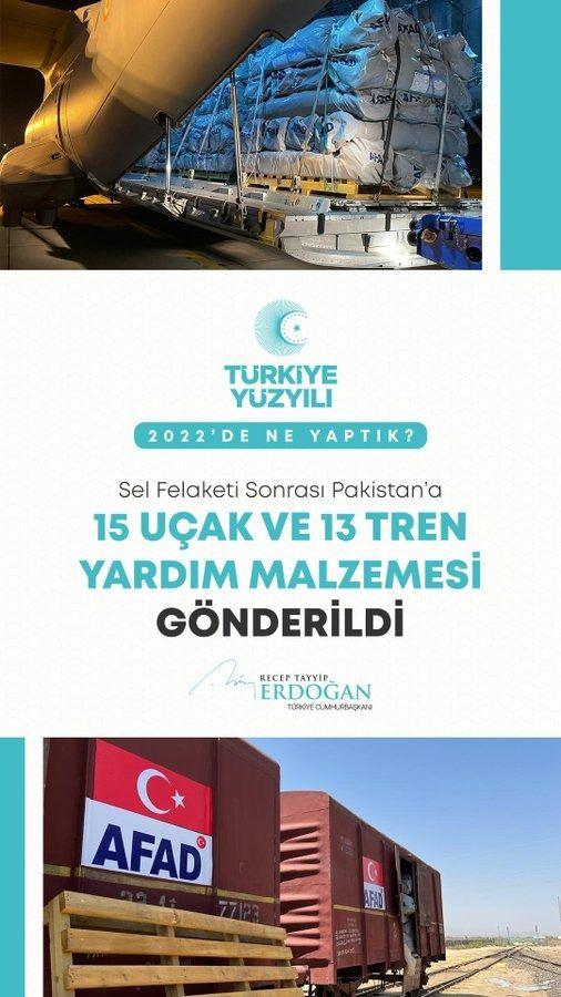 <p>Sel felaketi sonrası dost ve kardeş Pakistan&rsquo;a 15 u&ccedil;ak ile 13 tren yardım malzemesi ulaştırdık.</p>
