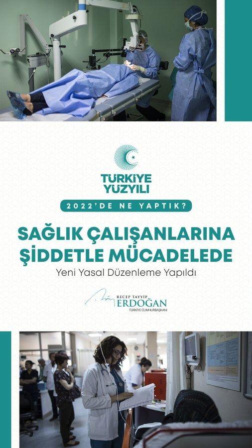 <p>14 Mart Tıp Bayramı&rsquo;nda sağlık &ccedil;alışanlarımıza verdiğimiz t&uuml;m s&ouml;zleri tuttuk. Sağlık &ccedil;alışanlarına y&ouml;nelik şiddetle m&uuml;cadele i&ccedil;in hazırladığımız yeni yasal d&uuml;zenlemeyi s&uuml;ratle hayata ge&ccedil;irdik.</p>
