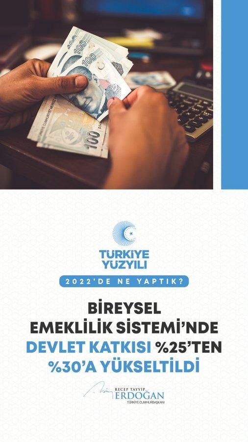 <p>Bireysel Emeklilik Sistemi&rsquo;nde devlet katkısını %25&rsquo;ten %30&rsquo;a y&uuml;kselttik.</p>
