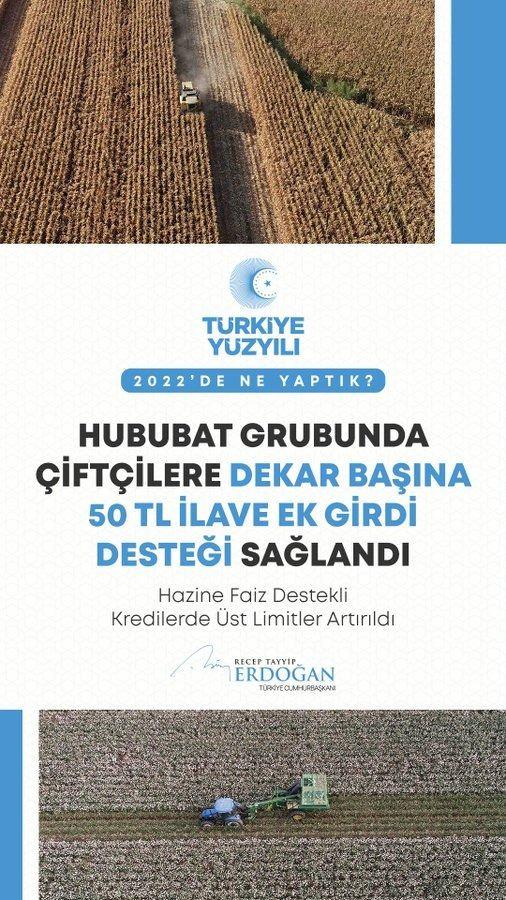 <p>Tarımsal &uuml;retimi artırmak, &ccedil;ift&ccedil;ilerimizi korumak i&ccedil;in pek &ccedil;ok adım attık. Hububat grubunda &ccedil;ift&ccedil;ilerimize dekar başı 50 TL ilave ek girdi desteği sağladık.</p>
