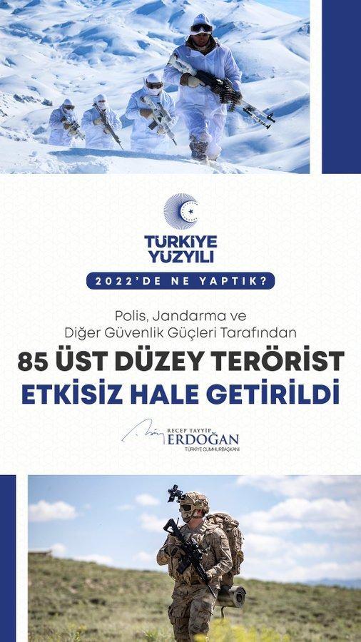 <p>Polisimiz, jandarmamız, mill&icirc; istihbaratımız ve diğer birimlerimizin maharetiyle 46&rsquo;sı yurt dışında olan 85 &uuml;st d&uuml;zey ter&ouml;risti etkisiz hale getirdik.</p>

