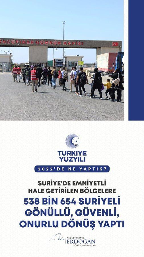 <p>Suriye&rsquo;de emniyetli hale getirdiğimiz b&ouml;lgelere 538 bin Suriyeli kardeşimizin g&ouml;n&uuml;ll&uuml;, g&uuml;venli ve onurlu şekilde d&ouml;n&uuml;ş&uuml;n&uuml; sağladık.</p>
