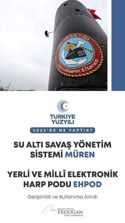<p>Su altı savaş y&ouml;netim sistemi M&Uuml;REN ile yerli ve mill&icirc; elektronik harp podu EHPOD&rsquo;u kullanmaya başladık.</p>
