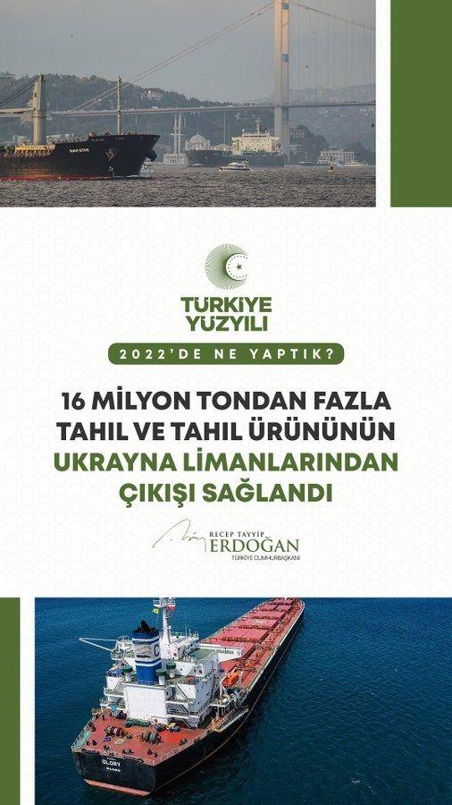 <p>A&ccedil;tığımız koridorla 16 milyon tondan fazla tahıl ve tahıl &uuml;r&uuml;n&uuml;n&uuml;n Ukrayna limanlarından &ccedil;ıkarak t&uuml;m d&uuml;nyaya ulaşmasını sağladık.</p>
