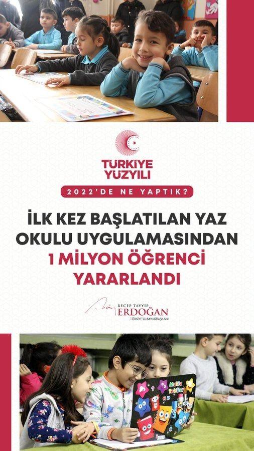 <p>Okullarımızda yaz okulu uygulamasını başlattık, 1 milyon &ouml;ğrencimizin bu g&uuml;zel imk&acirc;ndan faydalanmasını sağladık.</p>
