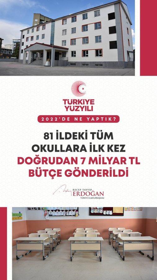 <p>81 vilayetimizdeki t&uuml;m okullara eksiklerini tamamlamaları i&ccedil;in 7 milyar TL b&uuml;t&ccedil;e g&ouml;nderdik.</p>
