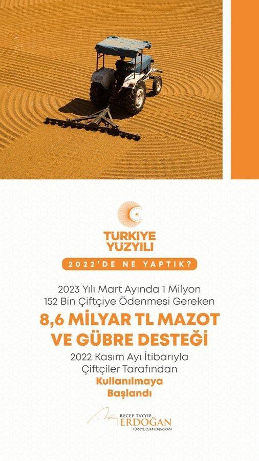 <p>&Ccedil;ift&ccedil;ilerimize 2023&rsquo;&uuml;n Mart ayında &ouml;denmesi gereken mazot ve g&uuml;bre desteklerini 2022&rsquo;nin Kasım ayı itibarıyla aktarmaya başladık.</p>
