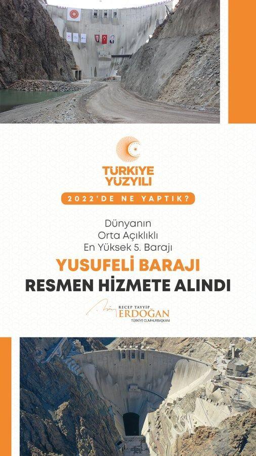 <p>T&uuml;rkiye&rsquo;de 1&rsquo;inci, d&uuml;nyada 5&rsquo;inci olan Yusufeli Barajı ve Hidroelektrik Santrali&rsquo;ni hizmete aldık. Yeni Yusufeli&rsquo;ni konuttan k&ouml;y evine, iş yerinden d&uuml;kk&acirc;na, sanayi sitesinden hastane ve okuluna kadar sıfırdan inşa ettik. #KalkınmanınY&uuml;zyılı</p>
